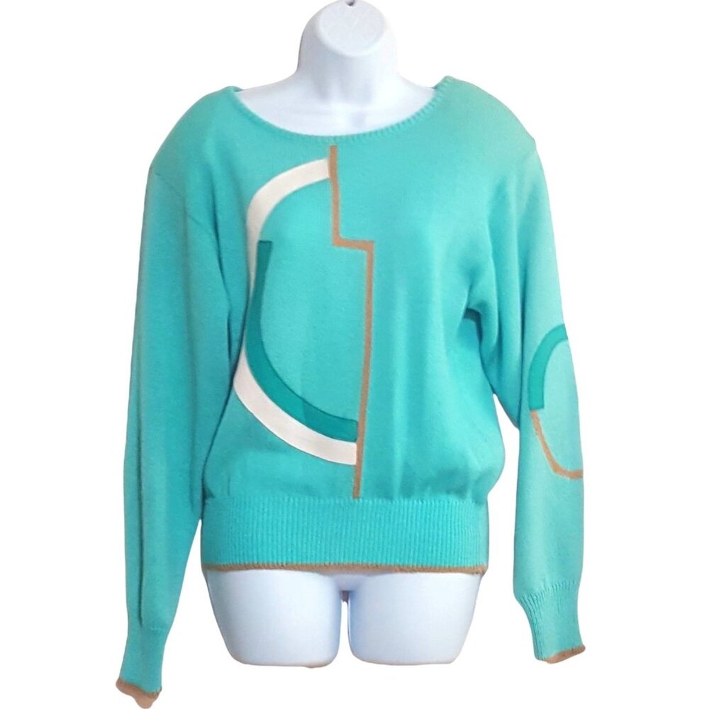 Vintage 80s Jaymee Papell Womens Pull Over Sweater Leather Trim Blue Long Sleeve